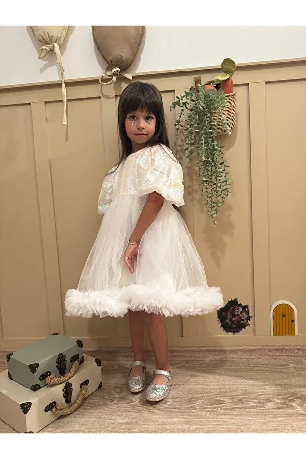 Детское платье для девочек с пайетками модель Ecru sequined balloon sleeve coarse tulle skirted girl's baby girl's evening dress - terra Penu Baby Kids, Ecru — фото 3