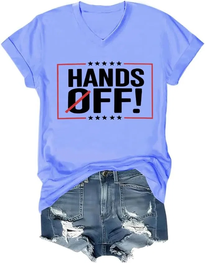 Женская футболка с принтом Hands Off Protest V-Neck, Carolina Blue
