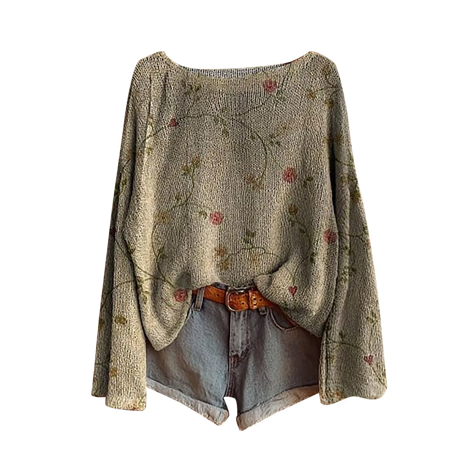 Женский свитер с принтом Vintage Floral Printed Bohemian Knitted Sweater, 3-grey