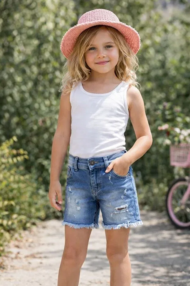 Детские шорты для девочек джинсовые рваные Fancykidsantalya, Denim Blue — фото 2
