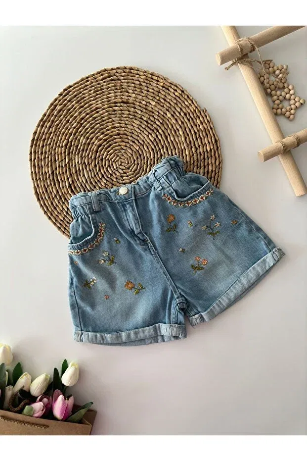 Детские шорты для девочек с вышивкой Minigimin Cicileri, Light Blue-30607