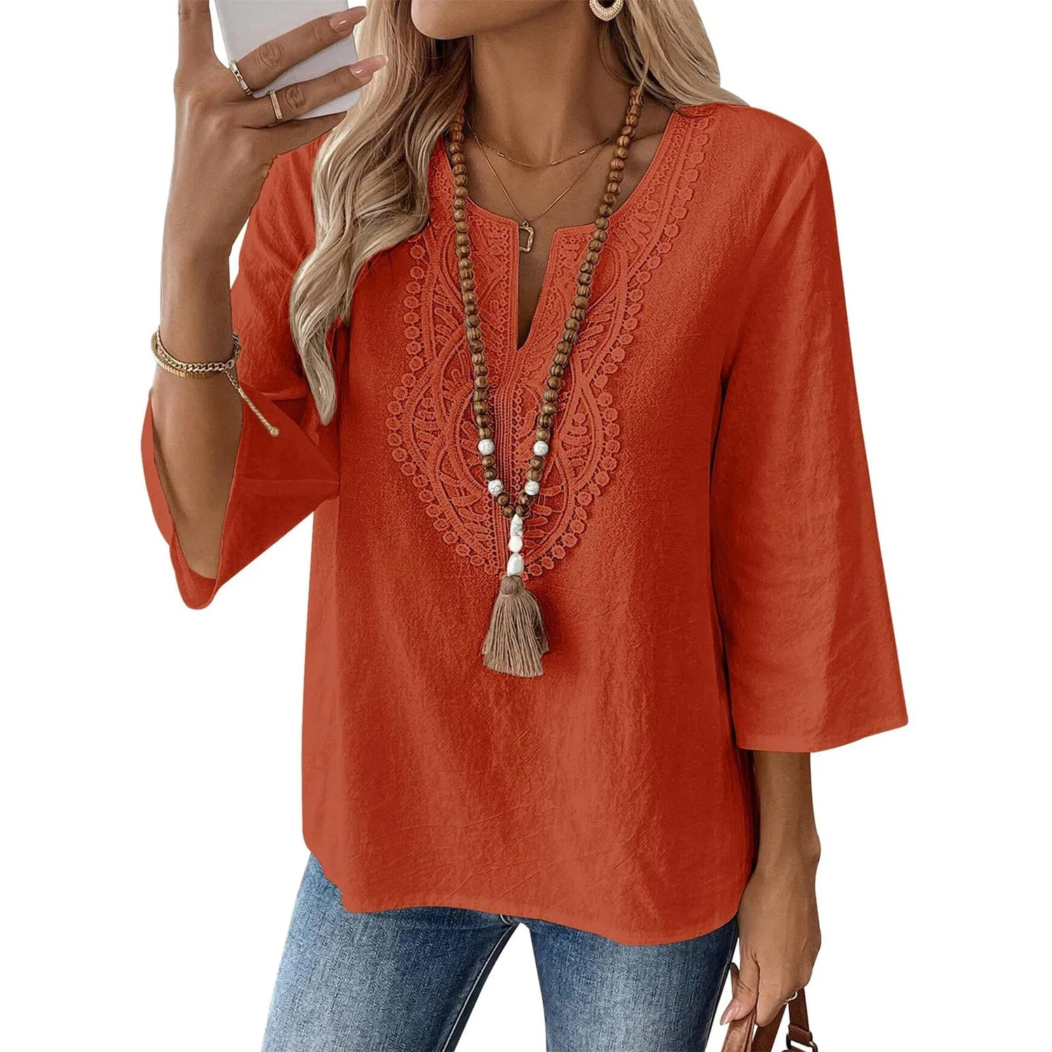 Женская льняная туника с вышивкой Retro 3/4 Sleeve Boho Casual Loose Fit Lightweight Summer Beach Blouse, D-brick Red
