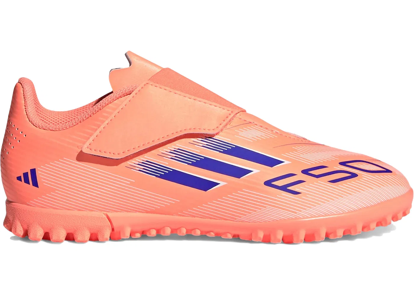 Детские бутсы с фиксацией липучкой Adidas F50 Club Hook-and-Loop TF, Beam Orange/Lucid Blue/Cloud White