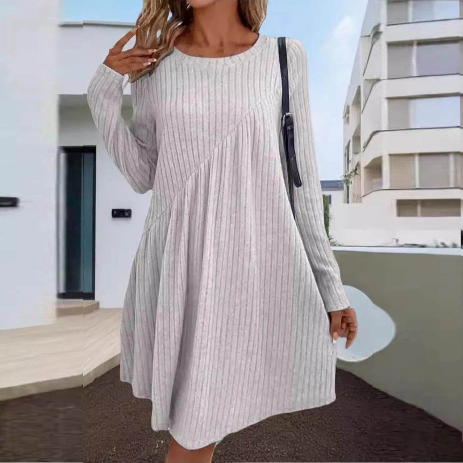 Женское платье-свитер с круглым вырезом Long Sleeve, D003-light Gray — фото 2
