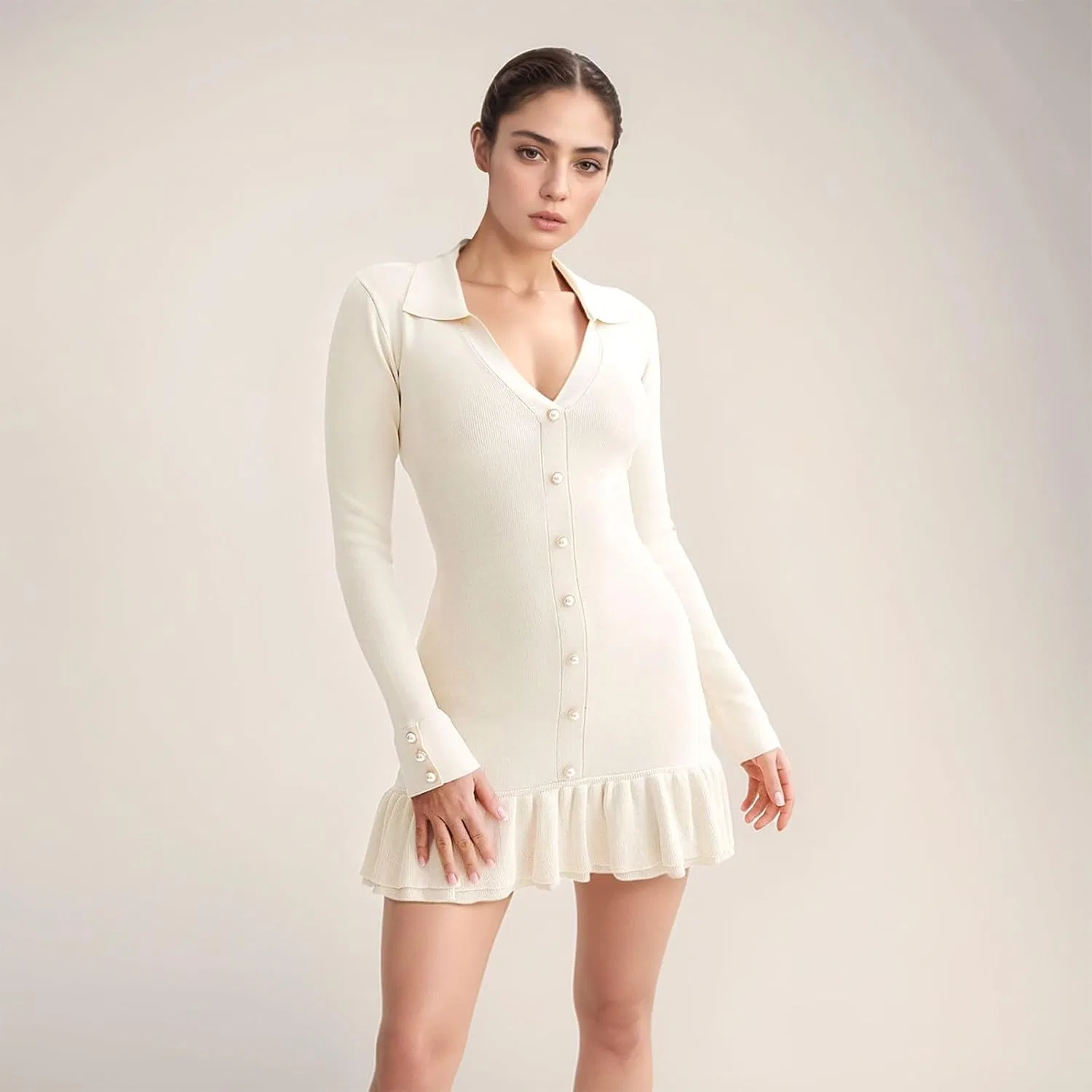 Женское платье-свитер с контрастным воротником и рюшами, Beige — фото 3