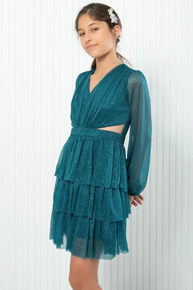 Детское вечернее платье с воланами Ruffled Glitter Tulle Children's Evening Dress Petrol Subu Tasarim, Turquoise — фото 4