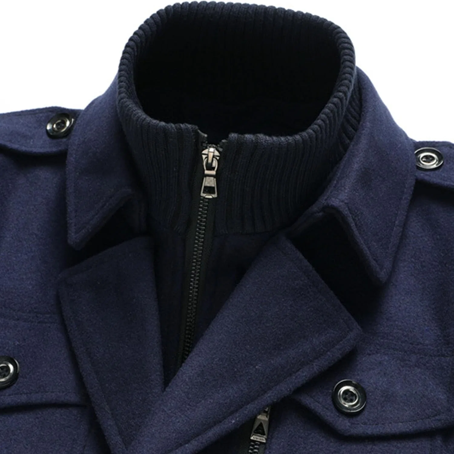 Мужское пальто-дафлкот с воротником-стойкой, шерстяное, Slim Fit, тёмно-синий — фото 3