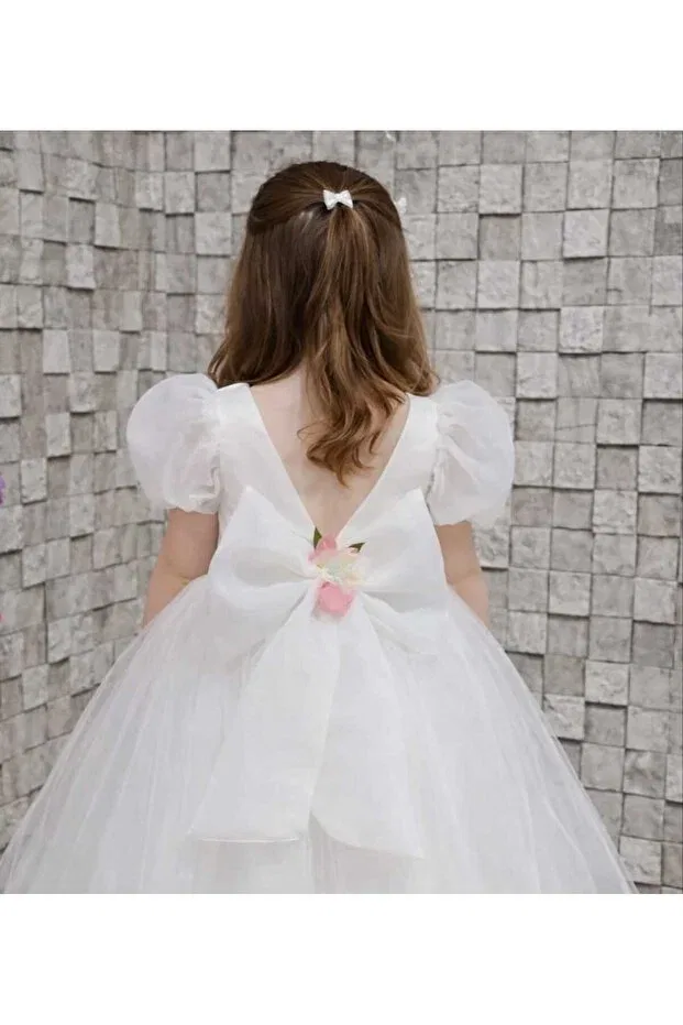 Детское платье для девочек с пышной юбкой White Flower Decorated Ball-Gown Dress Boztaş Bebe, White — фото 2