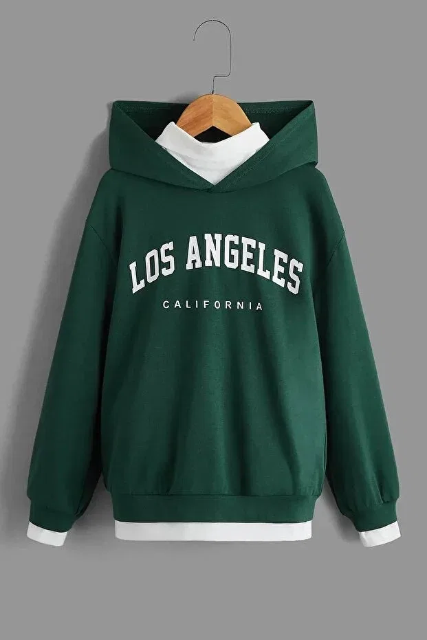 Детские свитшот с принтом для мальчиков Kids Hooded Los Angeles Printed Novibe, Bitter Green