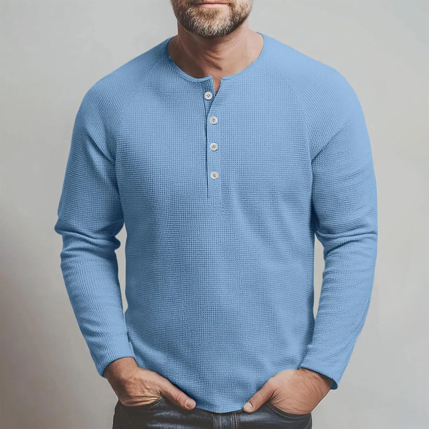 Мужская футболка с длинным рукавом и воротником-хенли OMING, Light Blue — фото 2