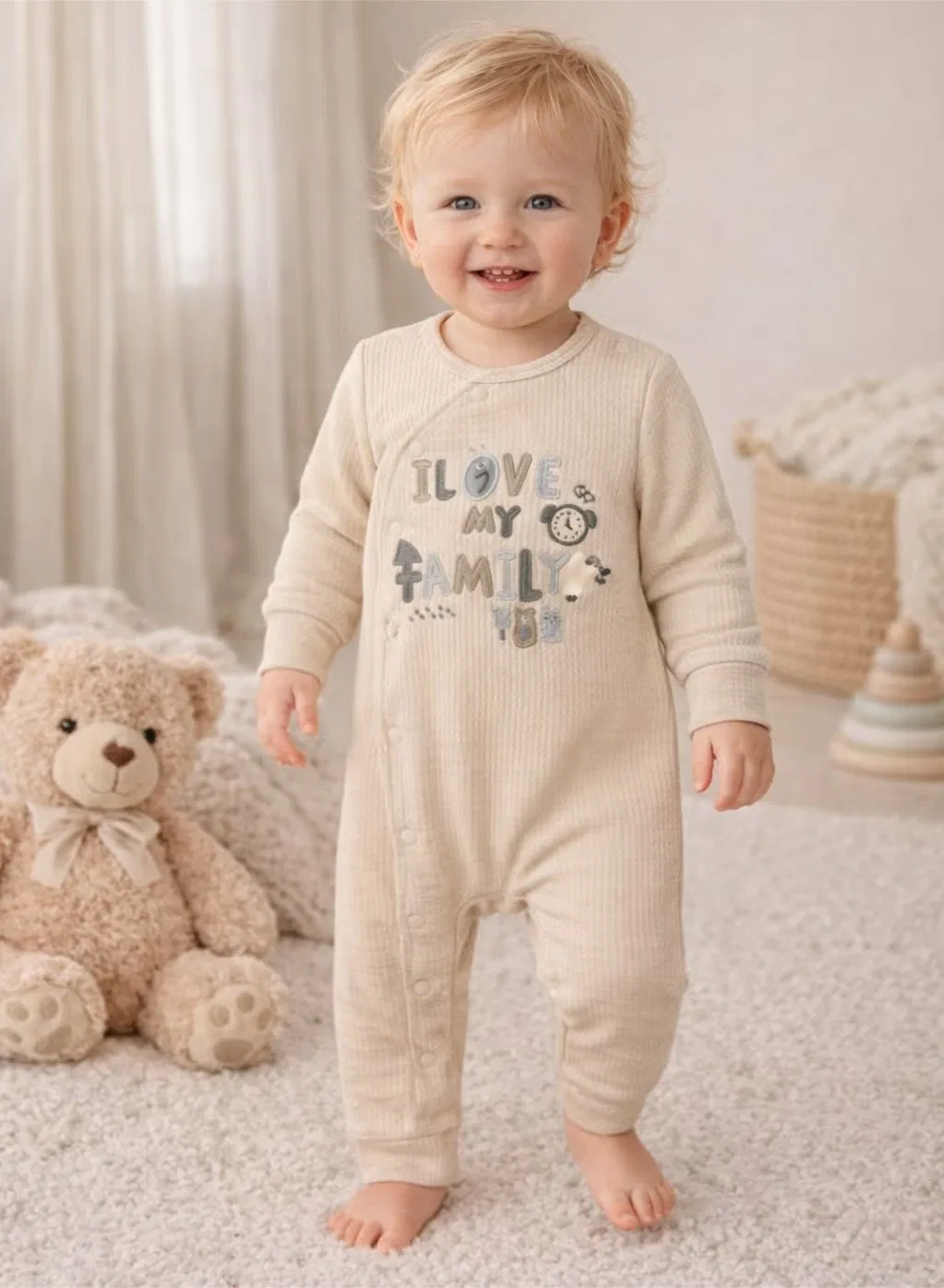 Боди-комбинезон с длинным рукавом с надписью I Love My Family Lucky Kids, бежевый — фото 2
