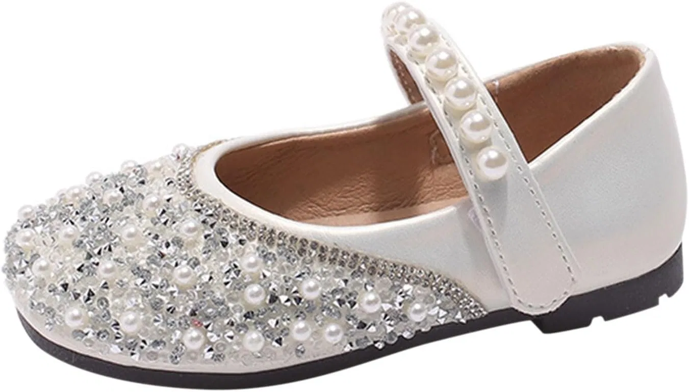 Детские туфли для девочек с бантом и жемчугом Mary Jane Princess Ballet Flats, Beige