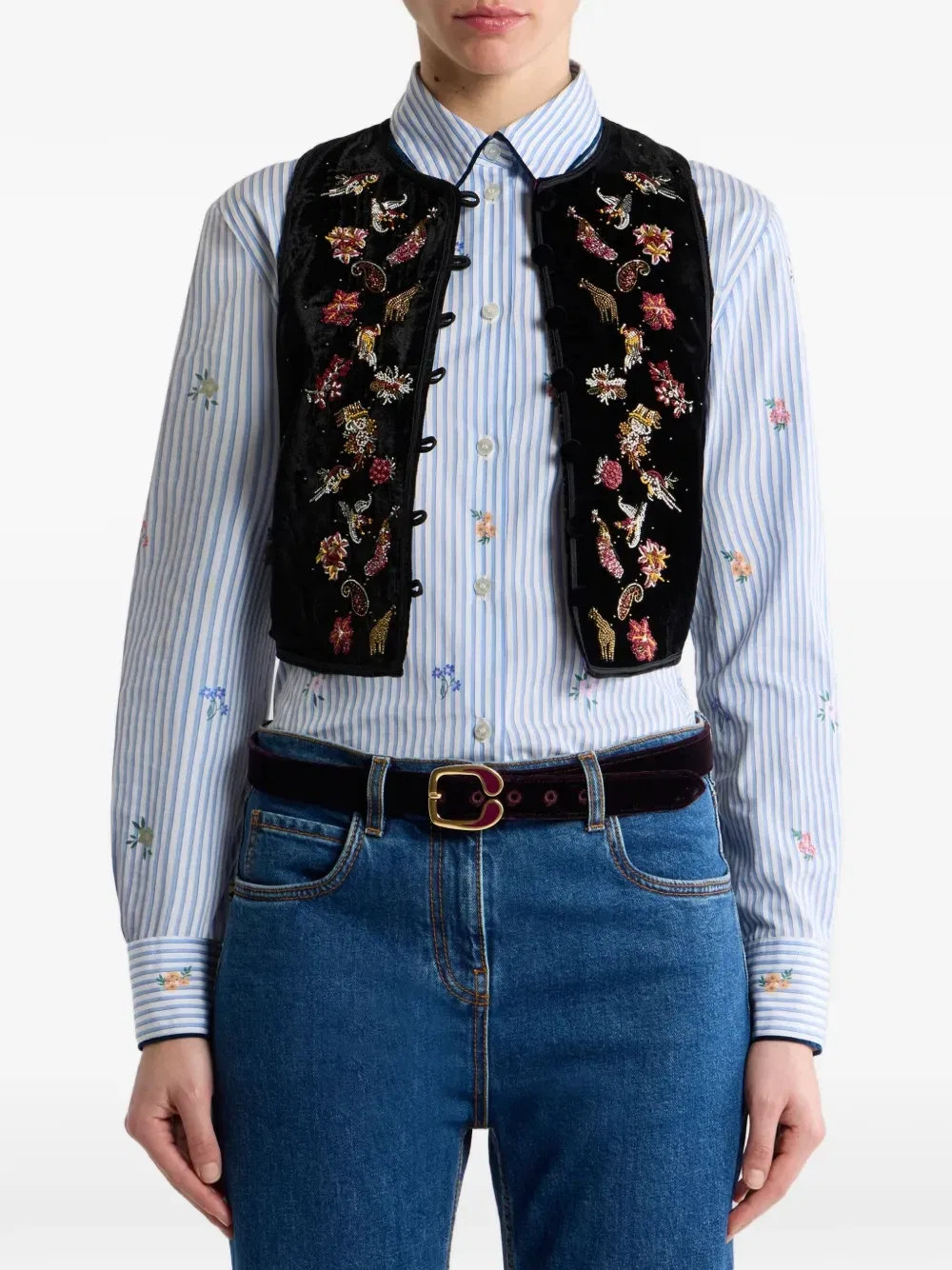 Укороченный бархатный жилет с бисером Etro, черный — фото 3