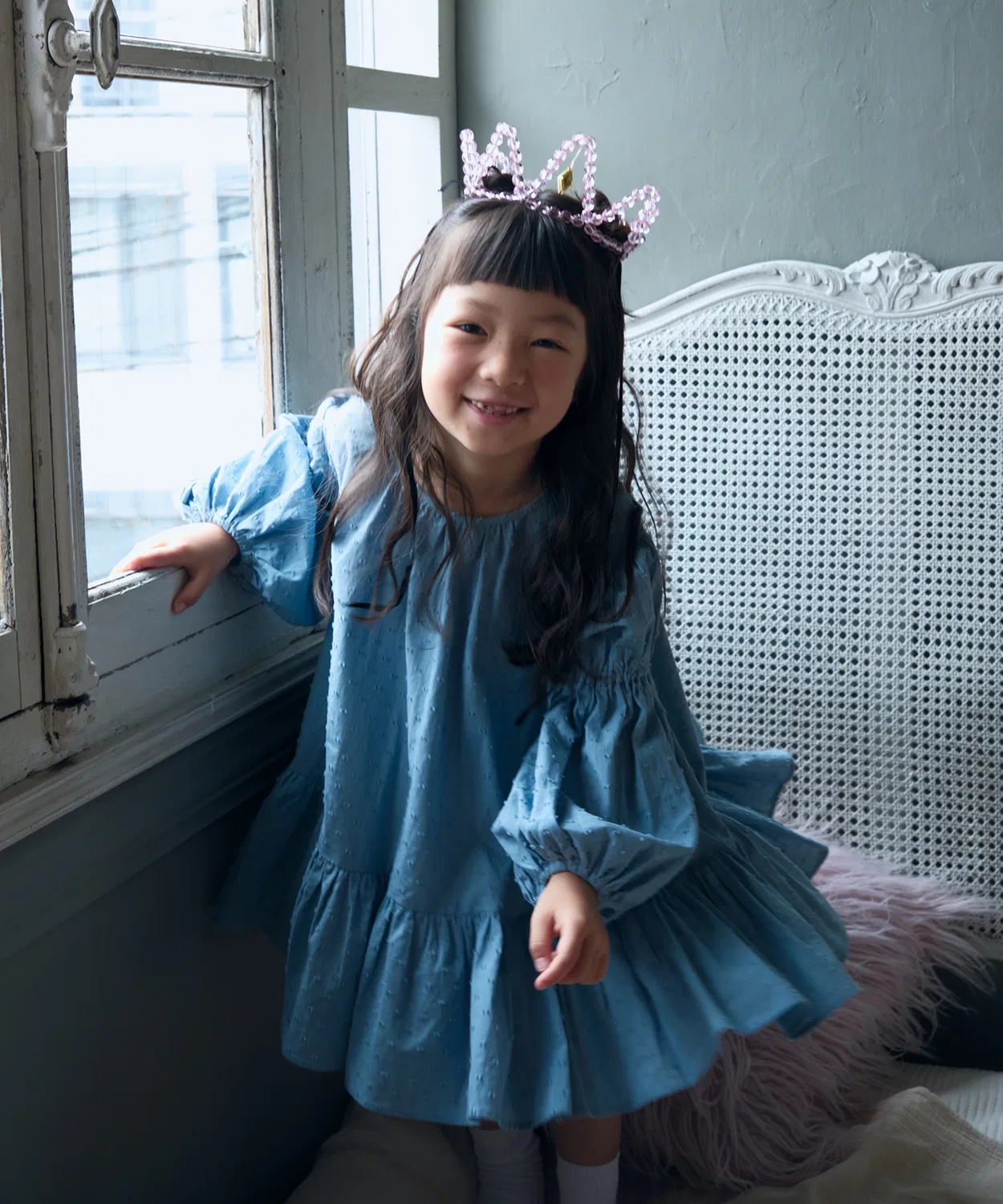 Детское платье для девочек с точками, короткое, модель Dot Mini Dress IENA ENFANT, Sky Blue