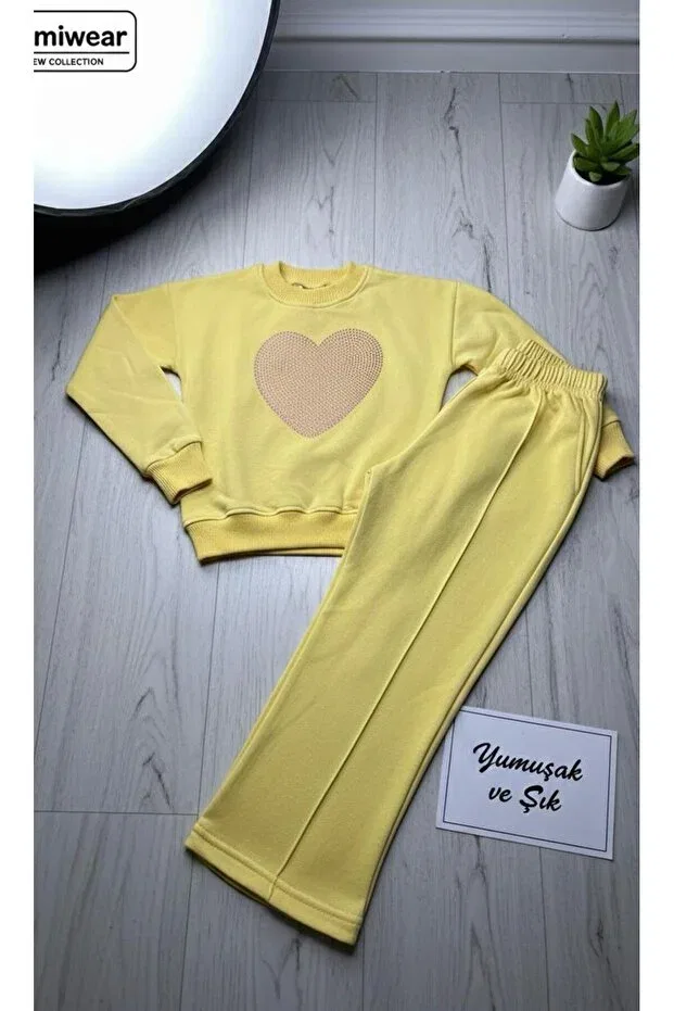 Детский комплект спортивного костюма для девочек с сердцем Kids Clup, Light Yellow — фото 2