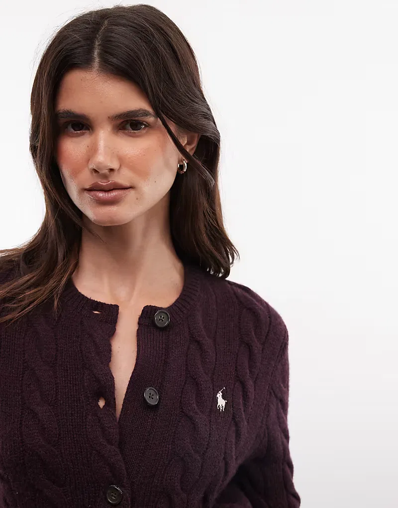 Кардиган Polo Ralph Lauren с логотипом Icon, связанный косами, из шерсти, коричневый — фото 3