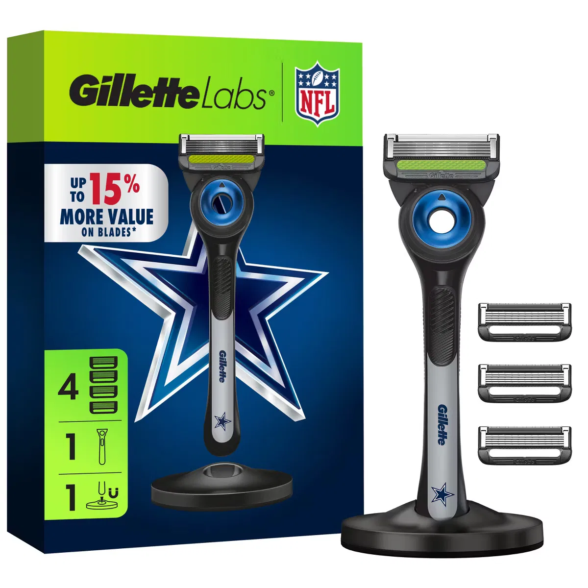Бритва мужская с 4 сменными лезвиями и магнитной подставкой GilletteLabs NFL Special Edition Dallas Cowboys