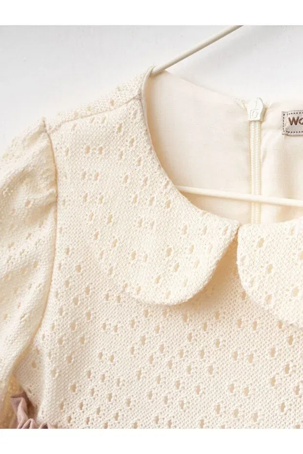 Детское платье для девочек хлопковое Bow linen dress Cherrys Bebek, Powder — фото 3