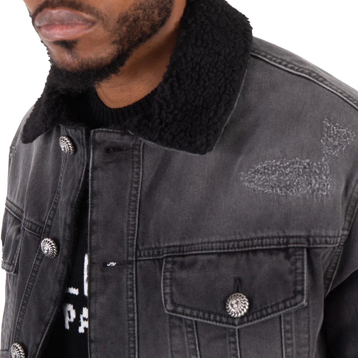 Джинсовая куртка с эффектом потертости и овчинной подкладкой Shearling-Lining Denim Jacket Balmain, Noir Delave — фото 2