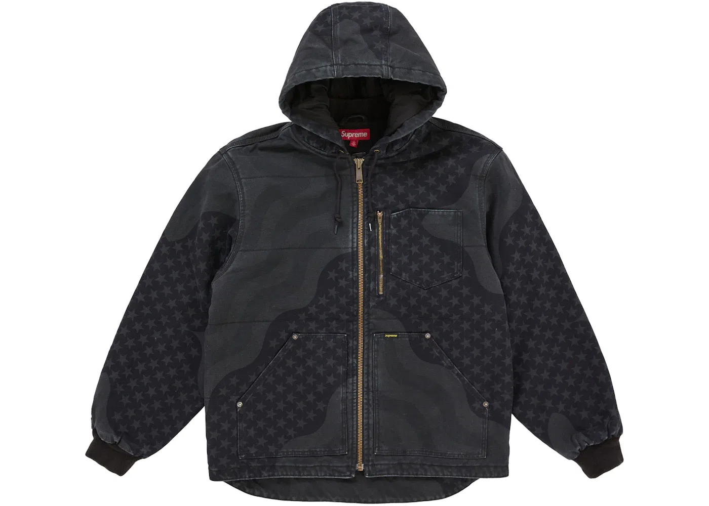 Мужская куртка стеганая с капюшоном с флагом Supreme, Black
