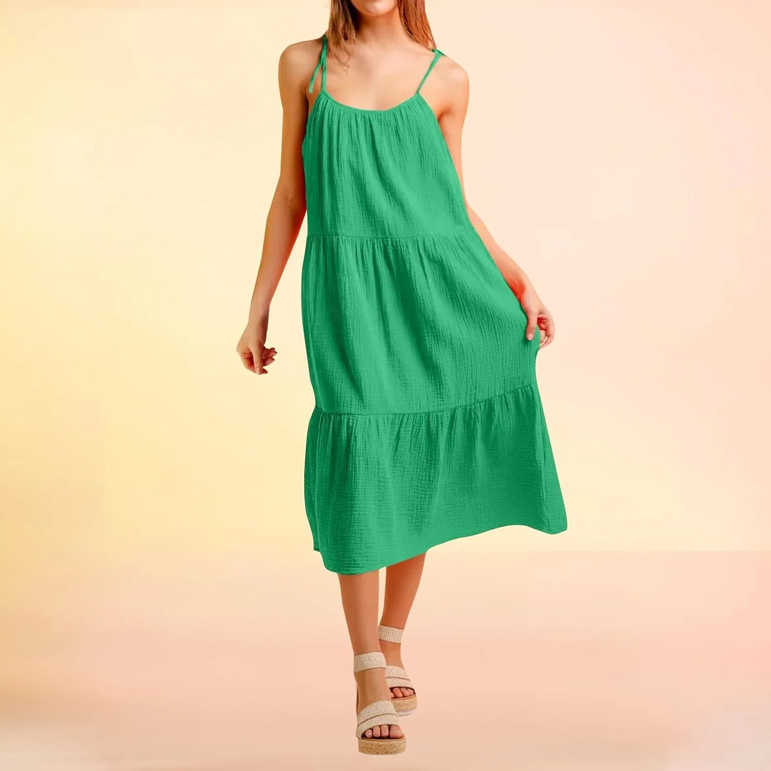 Женское летнее платье миди с открытыми плечами на бретелях, Green — фото 4