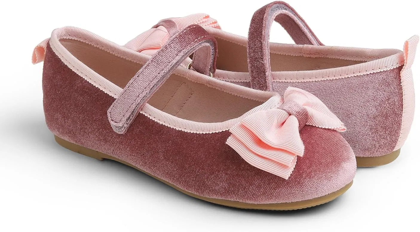 Детские балетки для девочек с бантом FEVERSOLE, Pink Velvet Tri-Bow Maryjane — фото 4