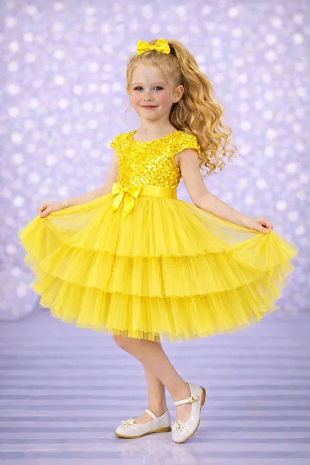 Детское платье для девочек с пайетками Girl'S buckled sleeves evening dress party birthday dress without skirt Rumi Kids, Yellow — фото 2