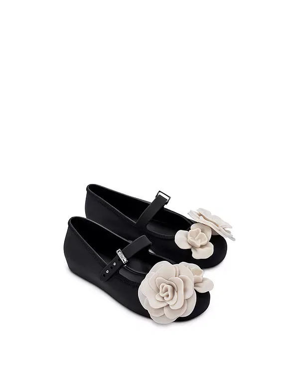 Детские балетки для девочек с цветочным украшением Mini Melissa, Black/Beige