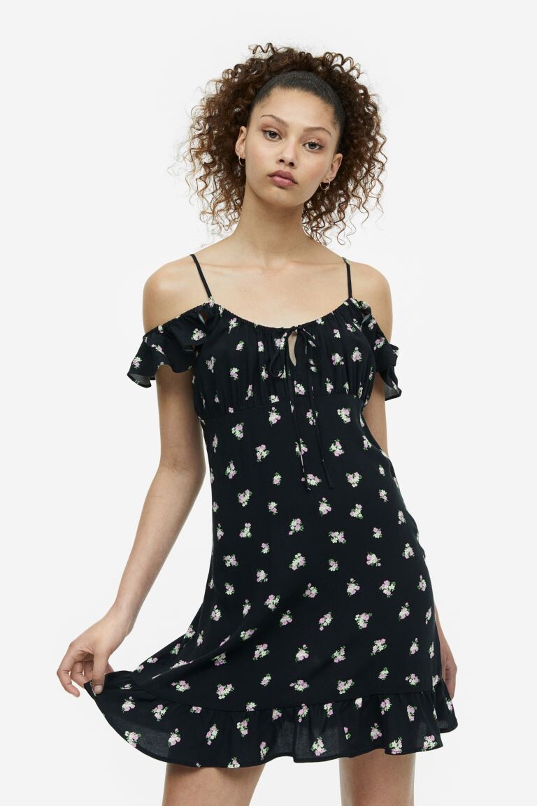 

Платье с открытыми плечами и развевающимися рукавами H&M, черный/цветочный