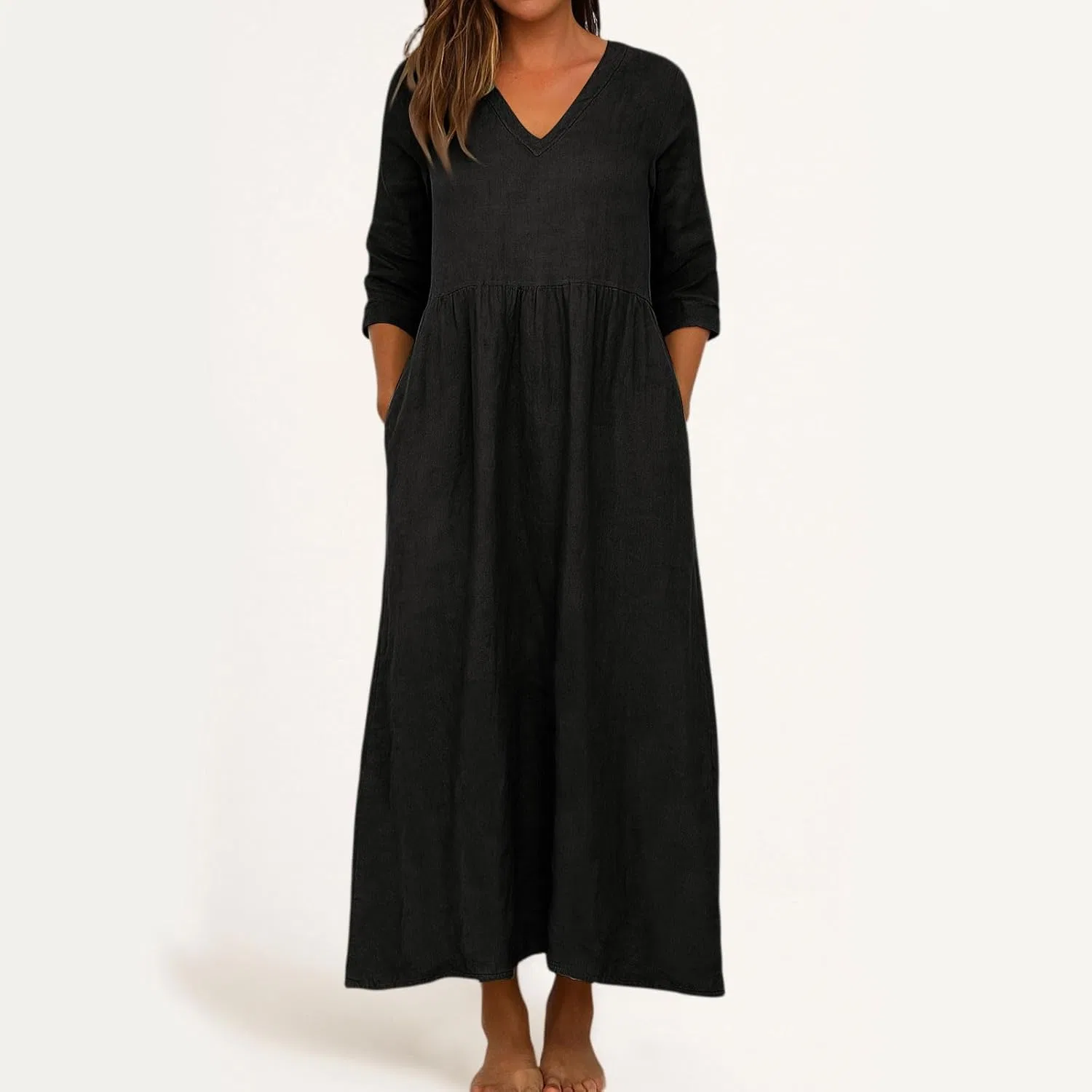 Женское летнее макси-платье с V-образным вырезом, Cotton/Linen, Black — фото 2