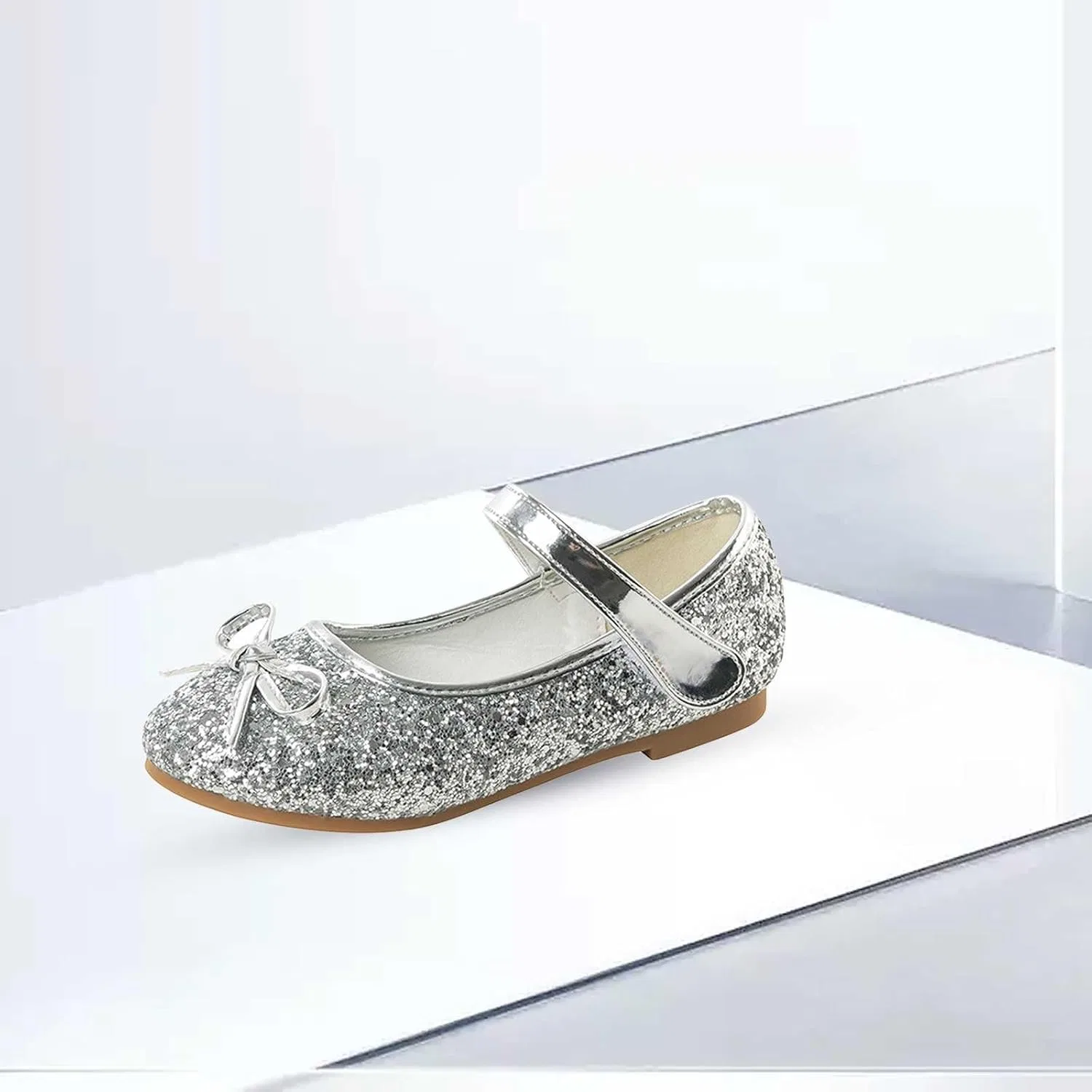 Детские балетки для девочек с жемчугом и бантом Mary Jane, Silver — фото 2