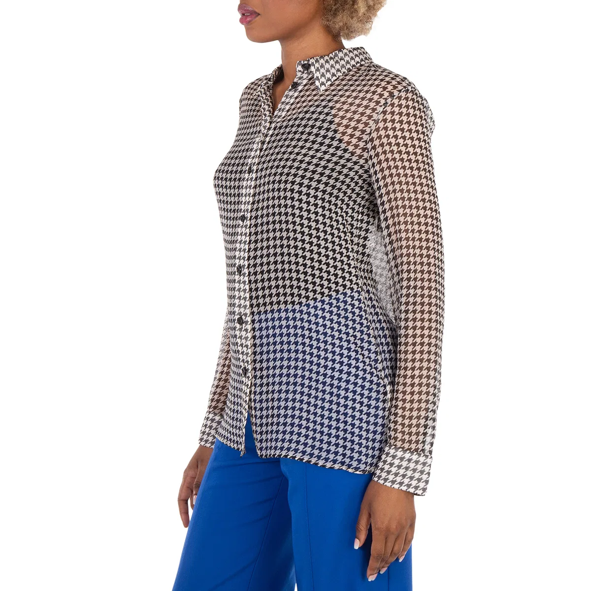 Шелковая рубашка с принтом «гусиная лапка» Houndstooth-Print Silk Shirt Burberry, Monochrome Ip Pttn — фото 2