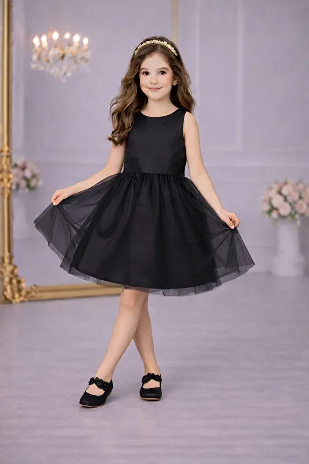 Детское платье для девочек атласное без рукавов Nsmkidslife, Black