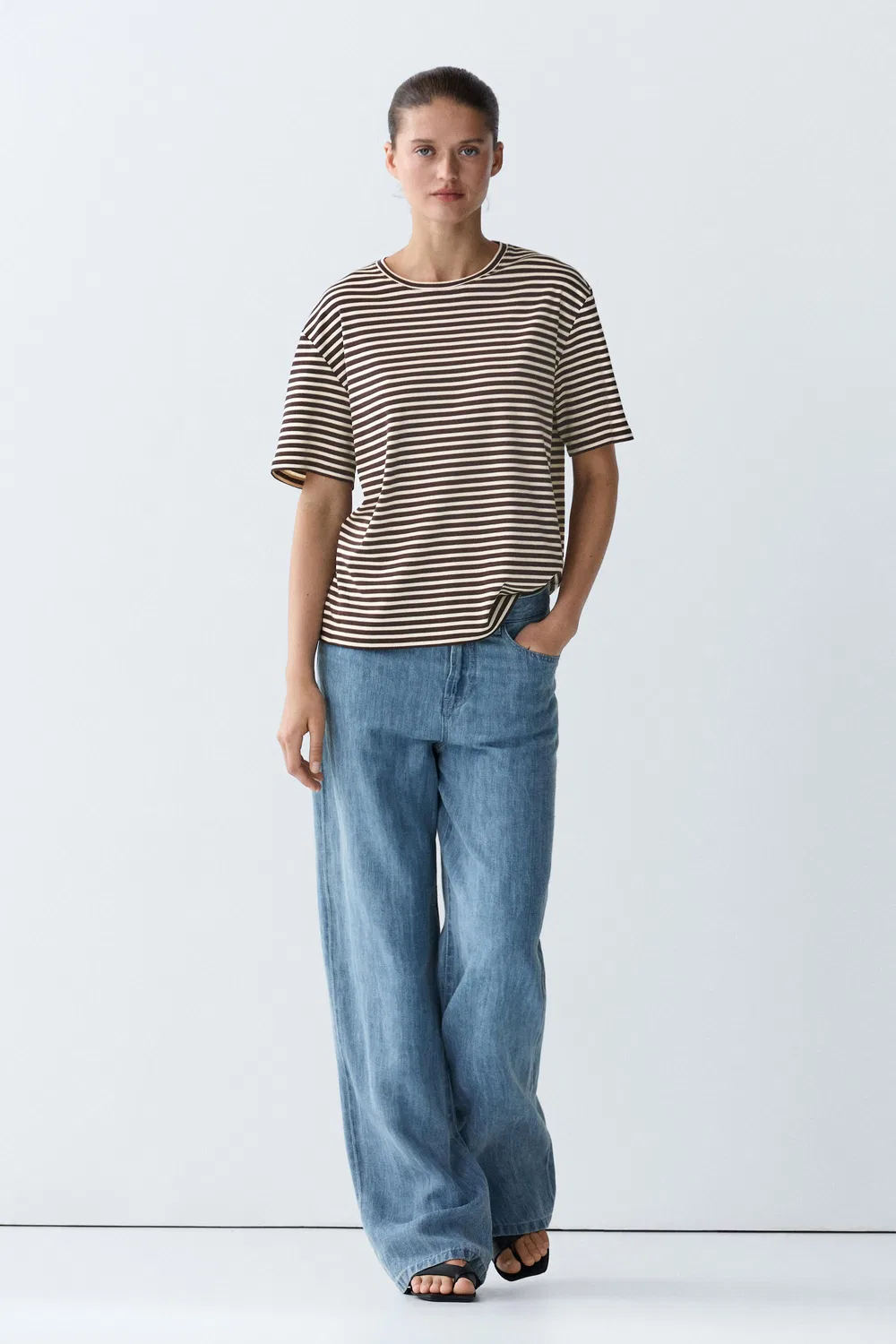 Футболка Massimo Dutti 100% Cotton Striped Short Sleeve, коричневый — фото 3