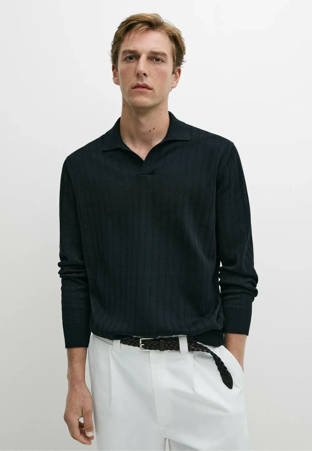 Вязаный поло-свитер из 100% хлопка - рубашка поло Massimo Dutti, Mottled Dark Blue