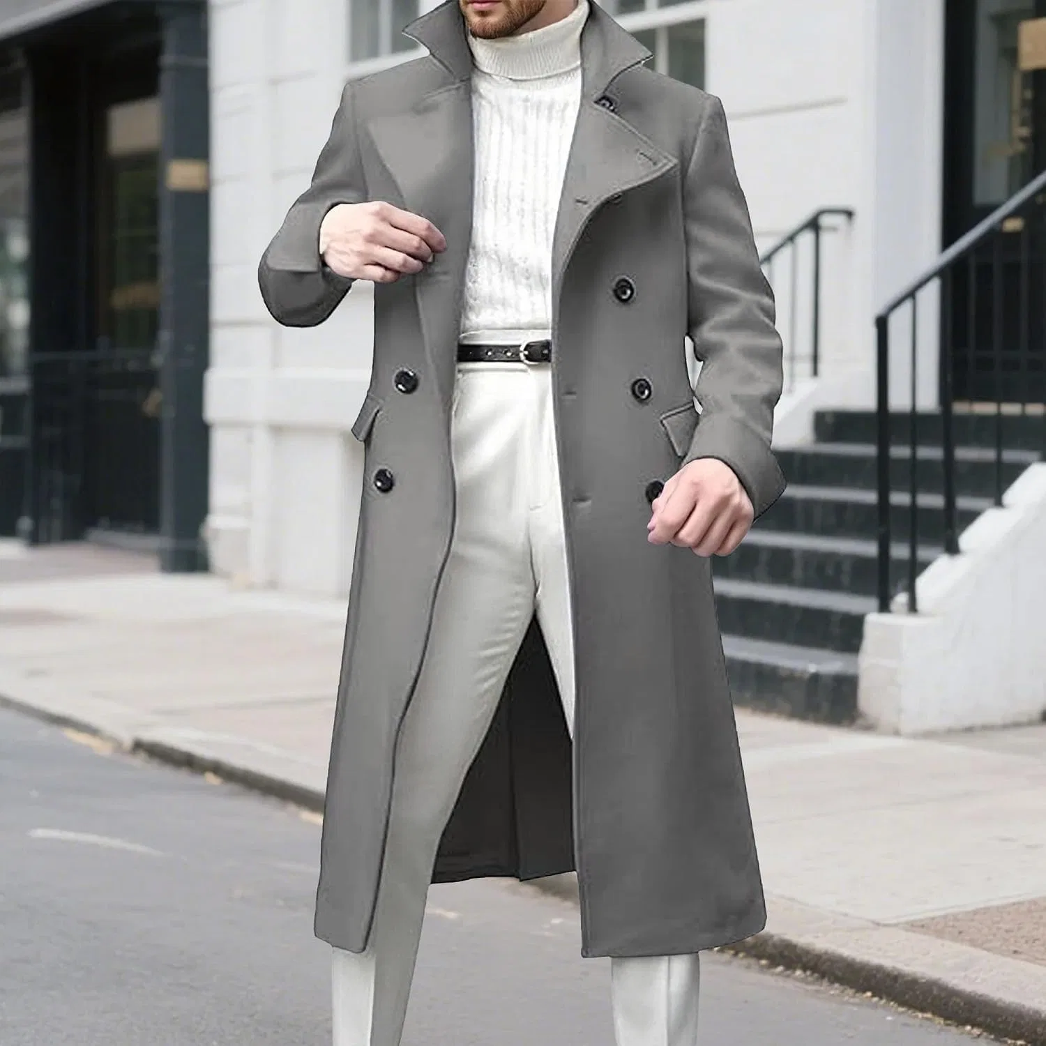 Мужское двубортное пальто-тренч с лацканами, Slim Fit, тёмно-серый — фото 3