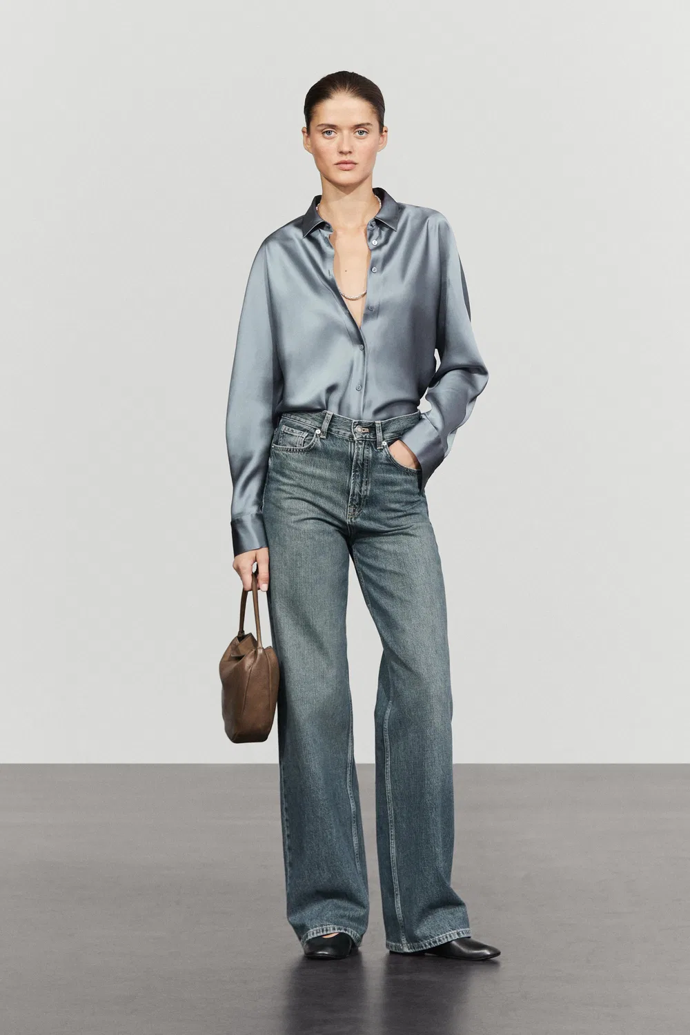 Рубашка Massimo Dutti, струящаяся, голубовато-серый — фото 4