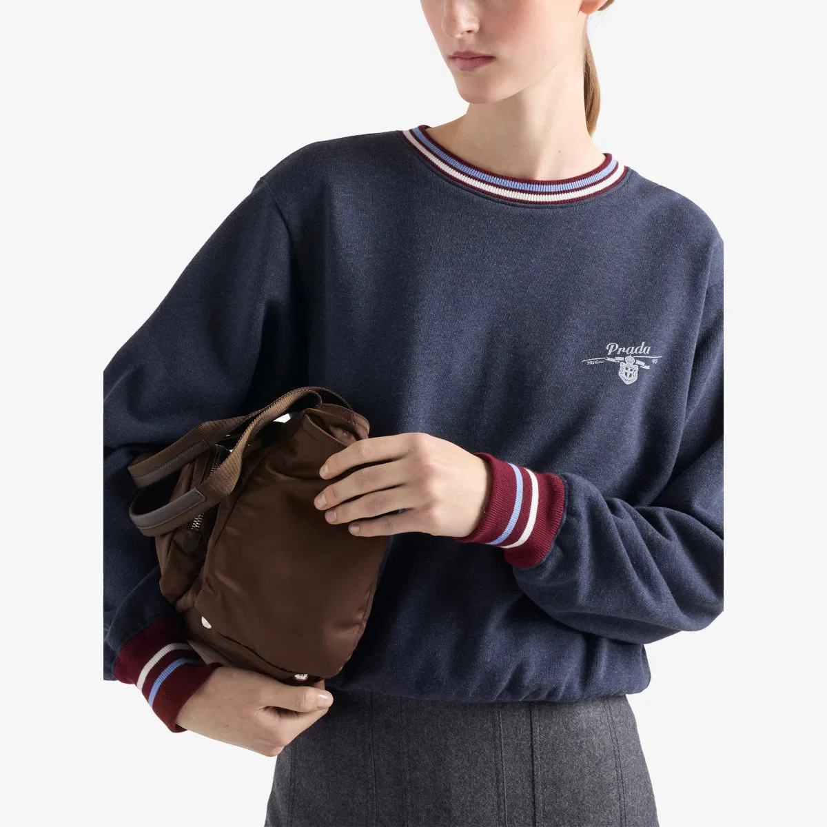Хлопковая флисовая толстовка с вышитым логотипом Prada, синий — фото 3