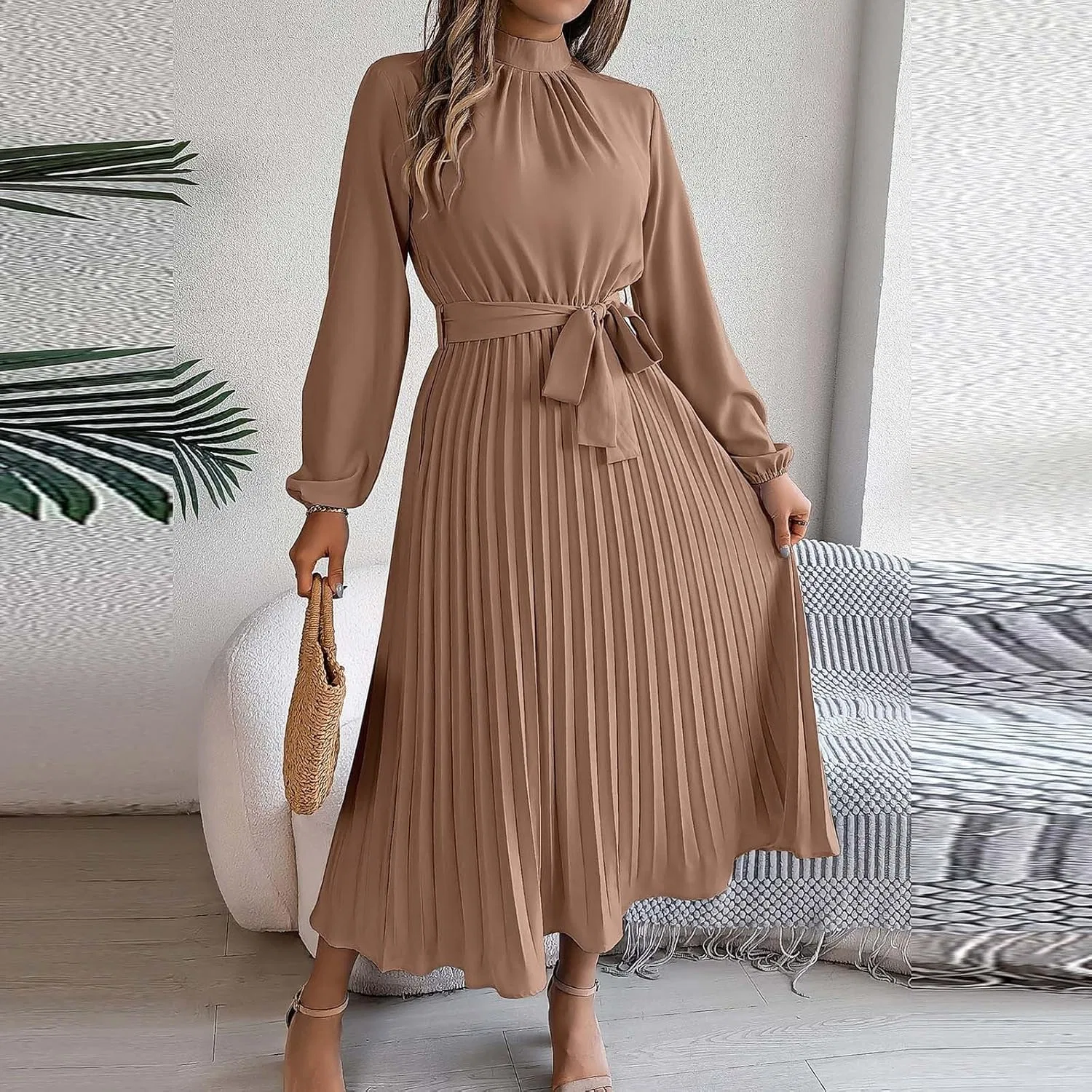 Женское длинное платье миди с галстуком на талии A-line, Khaki — фото 3