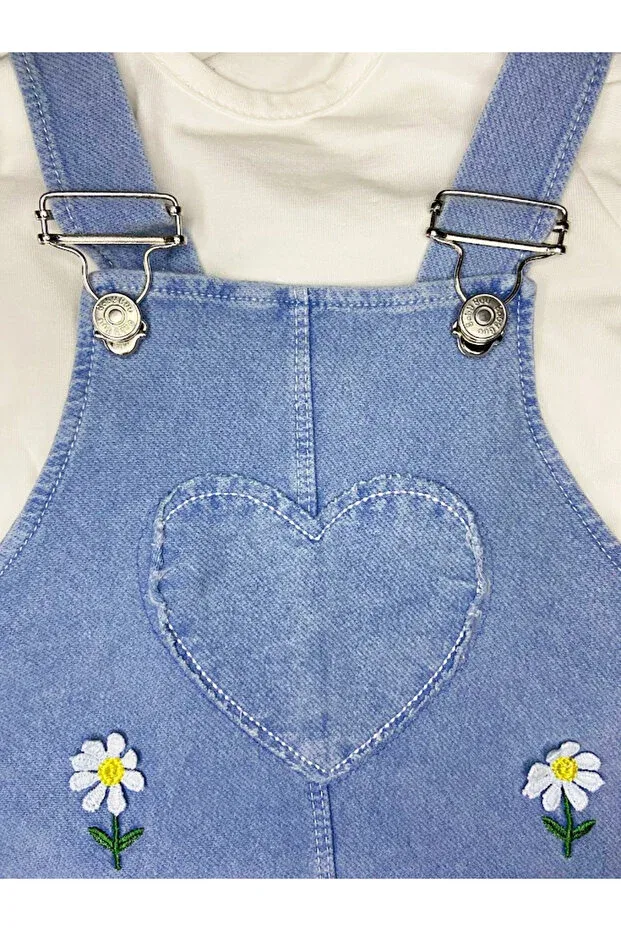 Детский комплект для девочек с принтом Daisy Embroidery Detailed Baby Girl Salopet Dress Set Aslin Store, Ecru — фото 4