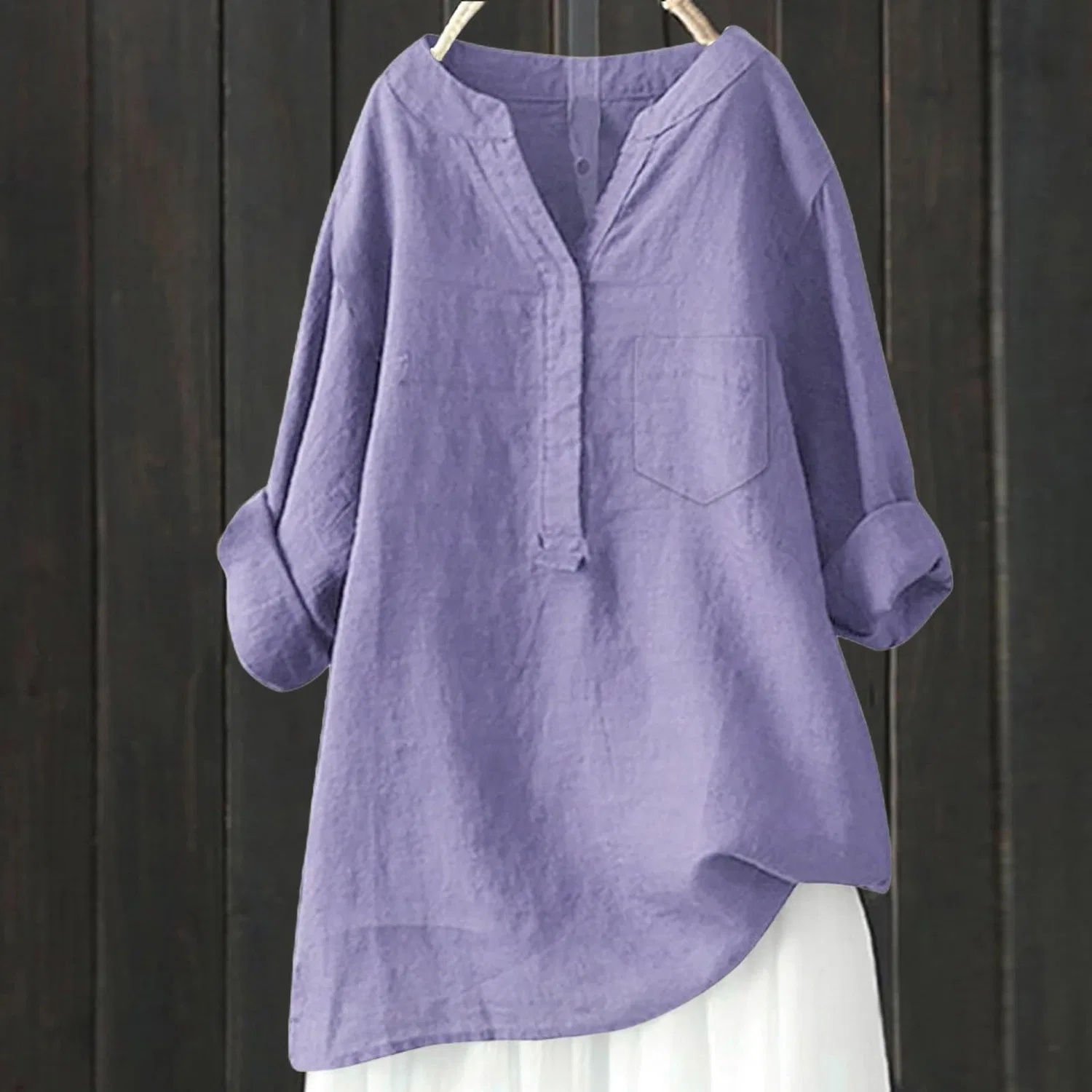Женская льняная рубашка свободного кроя с длинным рукавом, aaa-lilac — фото 2