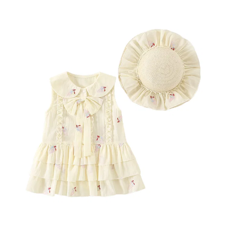 Детское платье для девочек на запах Lanza, Beige Yellow Skirt+Hat