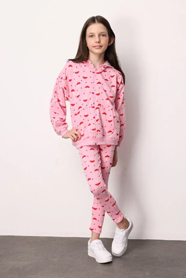 Детский спортивный костюм для девочек с принтом Pink Patterned Hooded Girls' Tracksuit Set - nell Le Mabelle, Pink