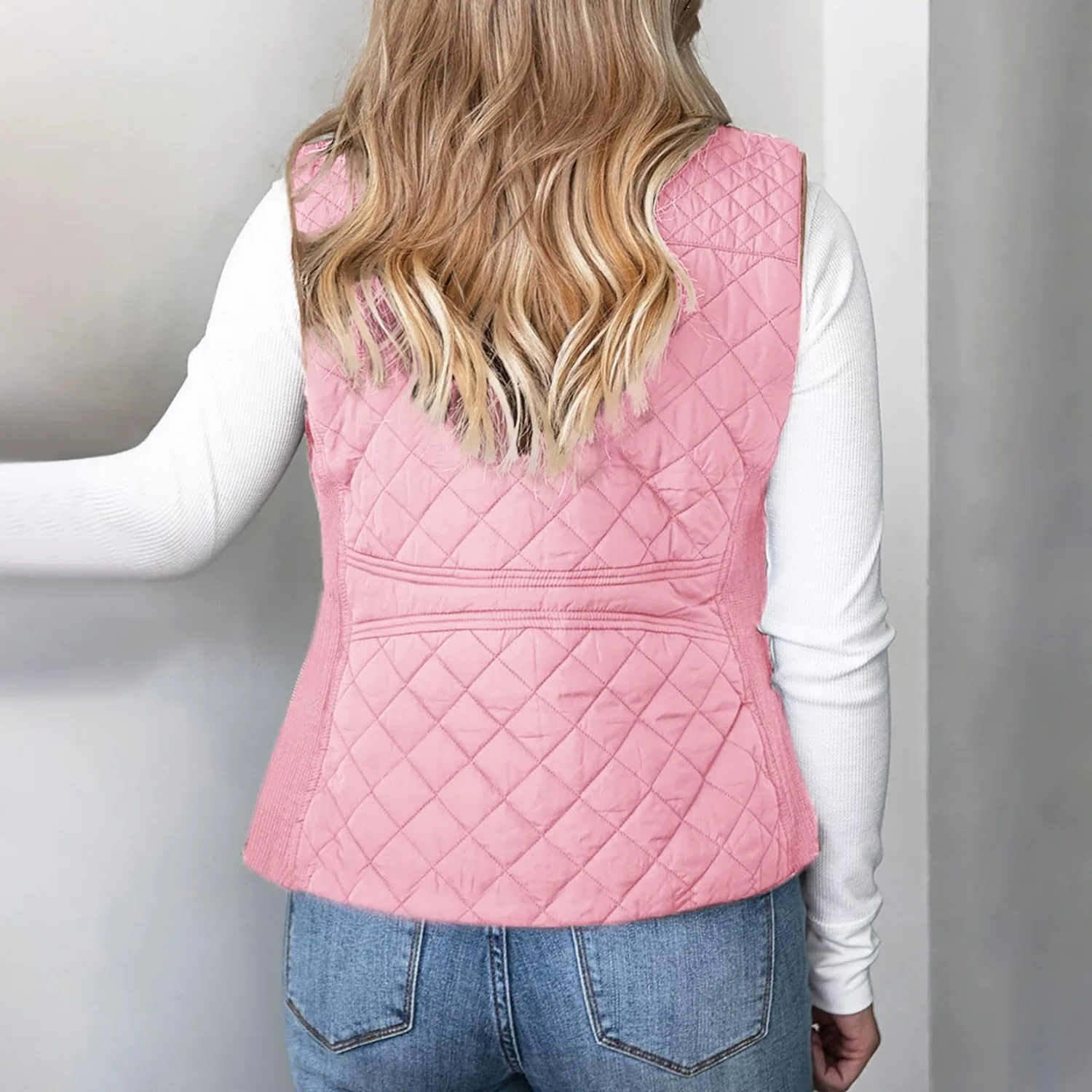 Женский жилет с принтом Attumn Winter Solid Composite Zipper Vest Jacket Sleeveless with Pocket Spring Jackets, Rosa — фото 3
