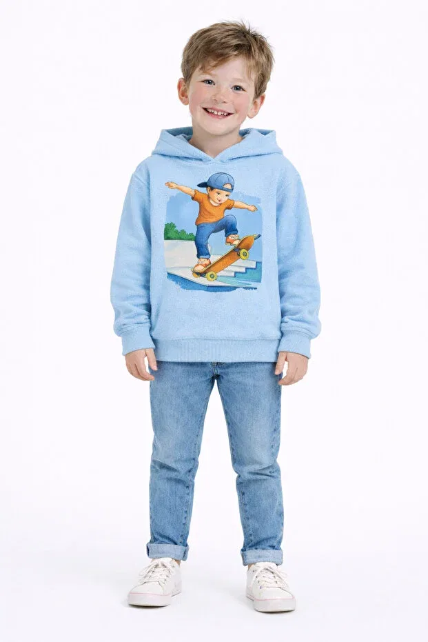 Детское худи для девочек с принтом Skateboard Printed 3 Thread Fleece-Lined Artyus, Blue