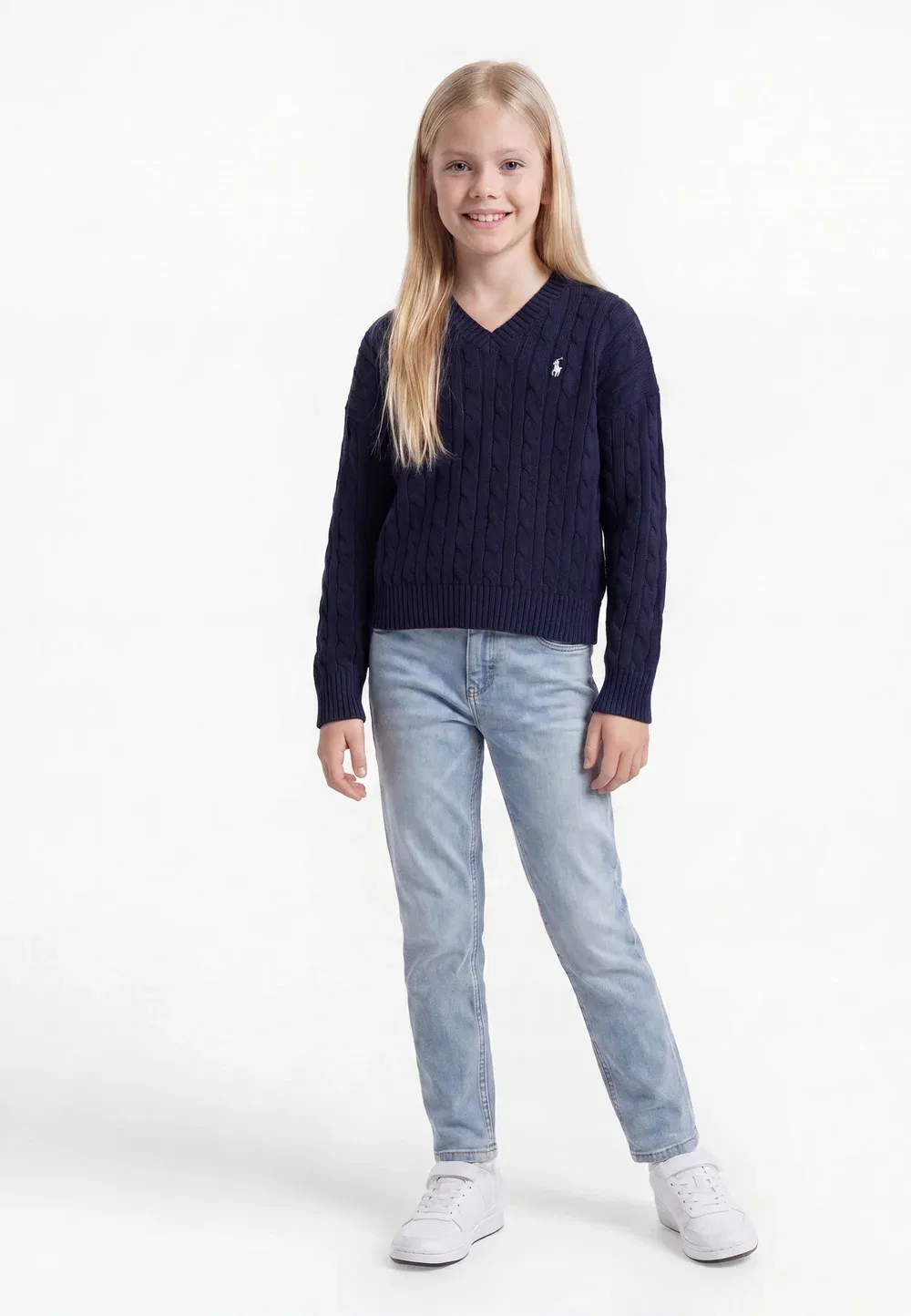 Хлопковый свитер крупной вязки с V-образным вырезом, размер 7-14 лет Polo Ralph Lauren, Navy