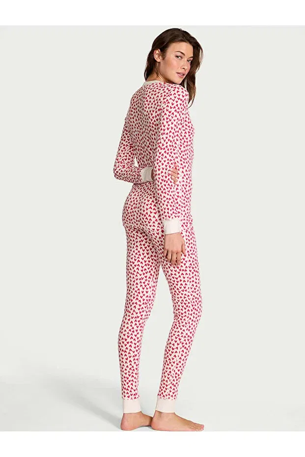 Женский комплект пижам с длинным рукавом Henley Thermal Long Pajama Set Victoria'S Secret, Red And White Heart — фото 2