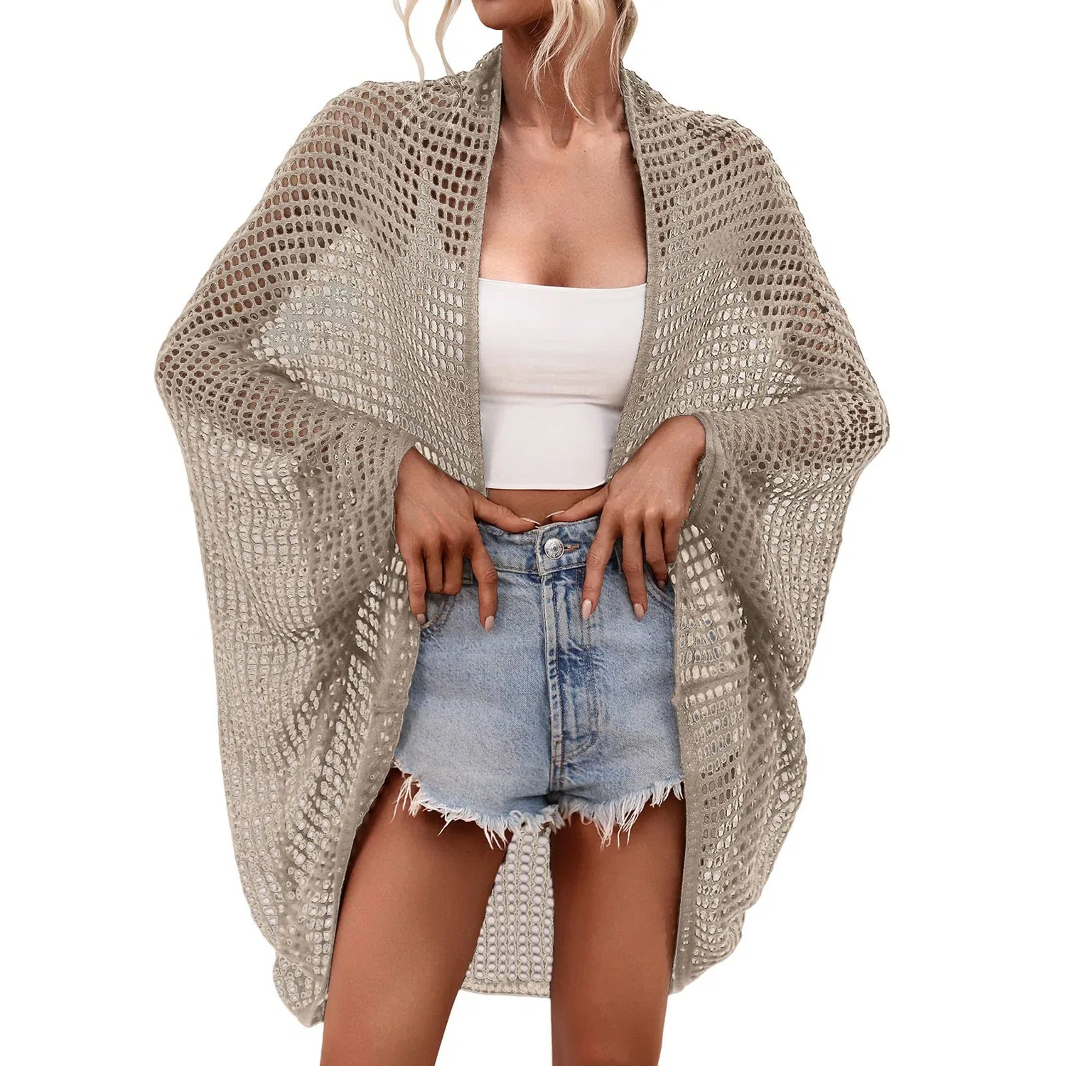 Женский ажурный кардиган-кимоно с длинным рукавом, Khaki 1