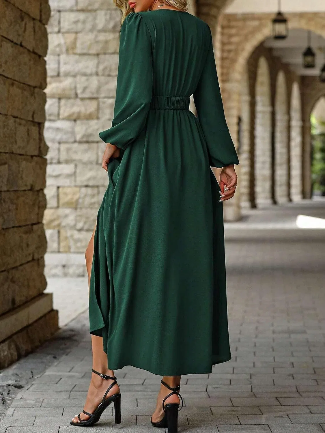 Женское платье макси V-образным вырезом с разрезом A-Line, Dark Green — фото 2