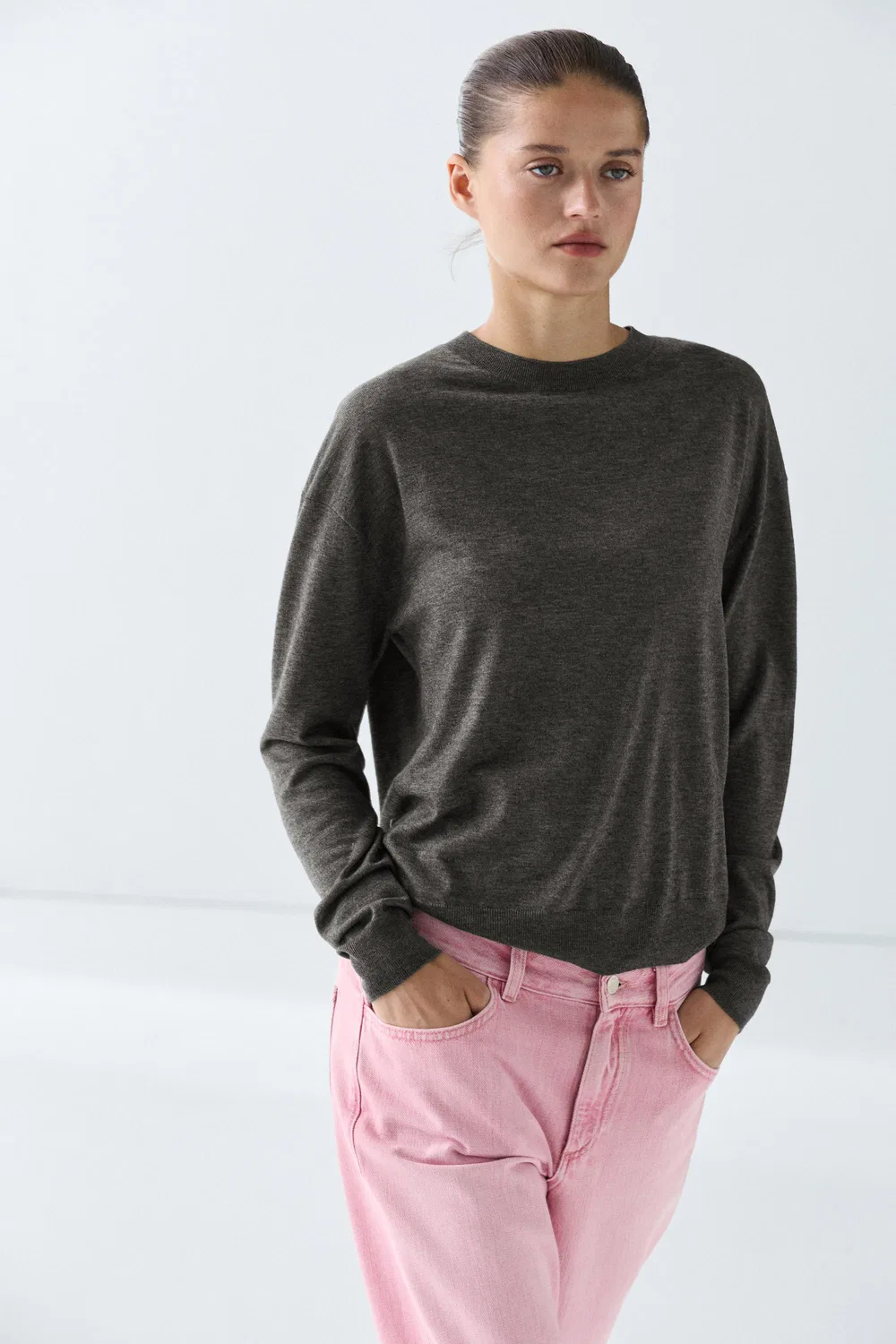 Свитер Massimo Dutti, вязаный, круглый вырез, темно-серый — фото 3